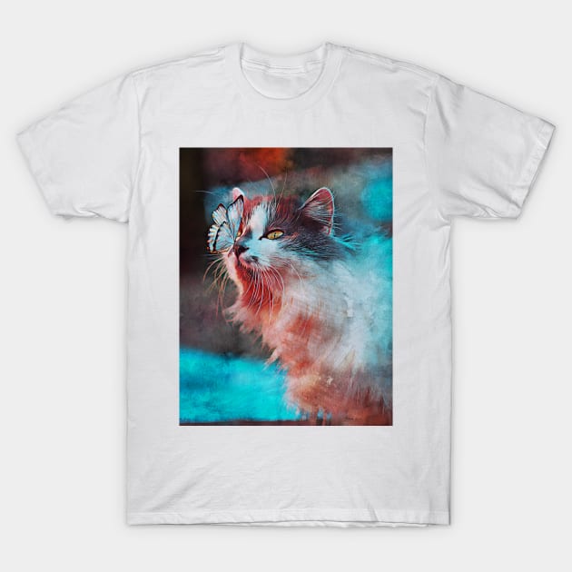 Cat Butterfly Artistic Painting T-Shirt by Debbie Art